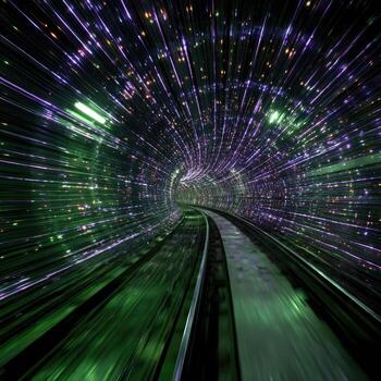 A train going through a tunnel with green lights photo