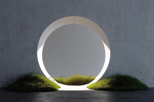 A circular mirror in front of a grassy area photo