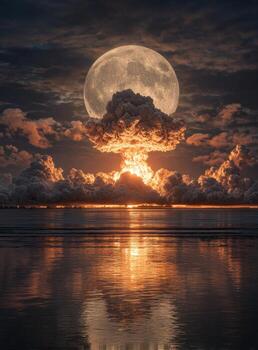The moon is reflected in the water as it rises over clouds photo