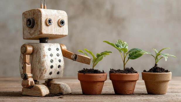 A robot is standing next to a potted plant photo
