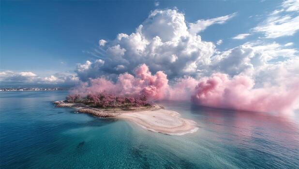 A pink cloud is blowing over an island photo