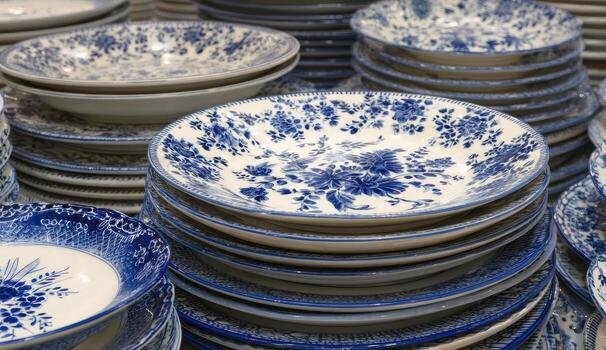 A stack of blue and white plates photo