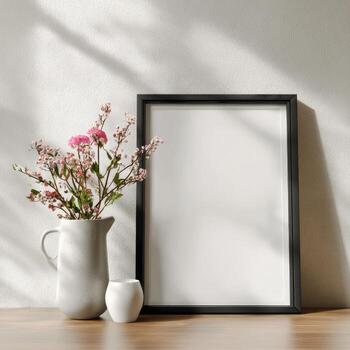 burlarse de arriba foto marco con flores en de madera mesa 3d hacer