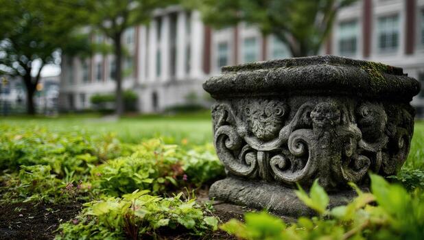 A stone column in front of a building photo