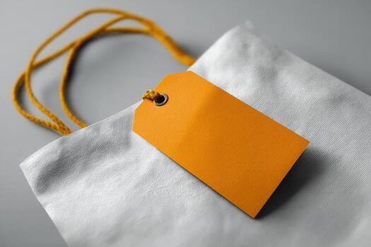un blanco papel bolso con un naranja etiqueta en eso foto