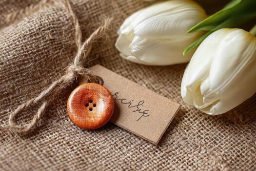 White tulips and a button on a burlock cloth photo