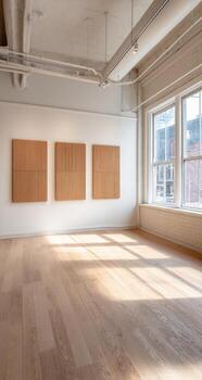 An empty room with three wooden panels on the wall photo