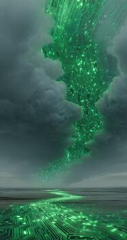 A green cloud with a trail of light coming from it photo