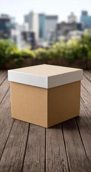 A cardboard box sitting on a wooden table with a cityscape in the background photo