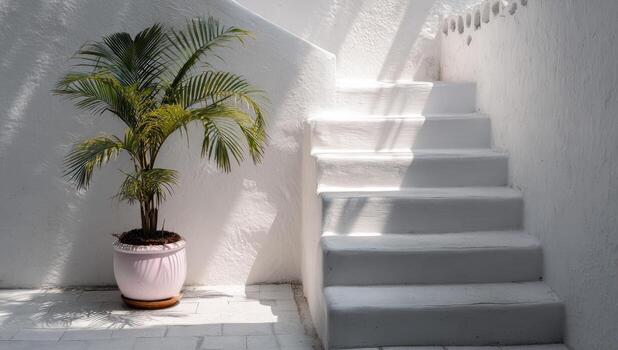 A white wall with a potted palm tree next to a staircase photo