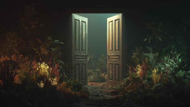 An open door in the dark with plants and flowers photo
