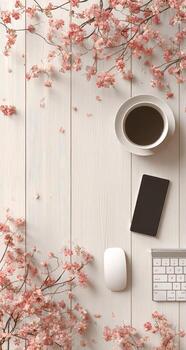 A coffee cup, a keyboard, a phone and a notebook are placed on a wooden table with photo