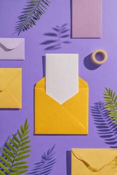 An open envelope surrounded by envelopes and paper photo