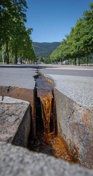 A water pipe that is leaking out of a crack in the pavement photo