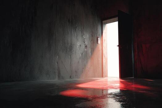 un rojo ligero brilla mediante un puerta en un oscuro habitación foto