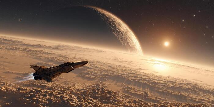 An artist's rendering of a spaceship flying over the surface of the planet photo