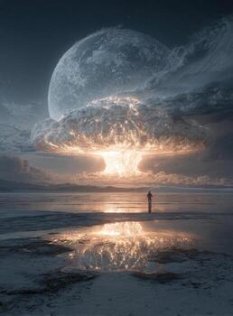 A man standing in front of an exploding mushroom cloud photo