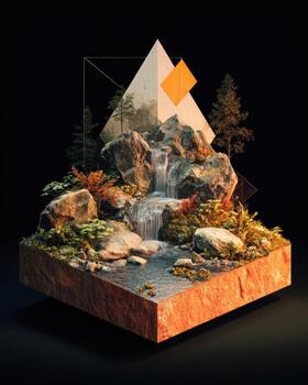 A waterfall and rocks in a triangle photo