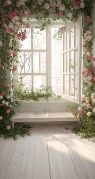 A window with flowers and a bench in front of it photo