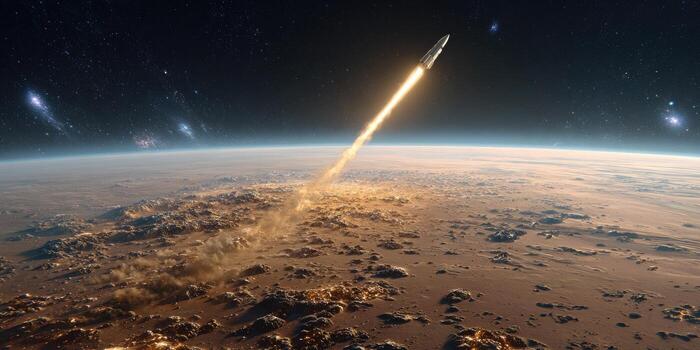 An artist's rendering of a rocket launching into space photo