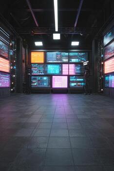 A dark room with several screens and a computer photo