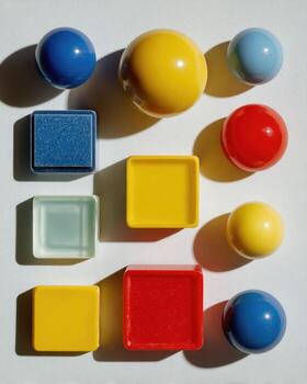 A group of colorful plastic toys arranged in a square shape photo