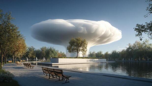 A cloud shaped building sits in the middle of a park photo