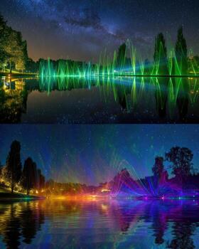 Two images of the same scene with colorful lights photo