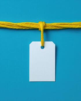 A yellow tag tied to a rope with a blank white tag photo