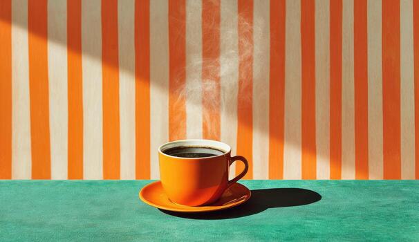 un café taza en un platillo en frente de un a rayas pared foto