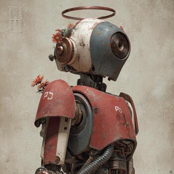 A robot with flowers on its head photo