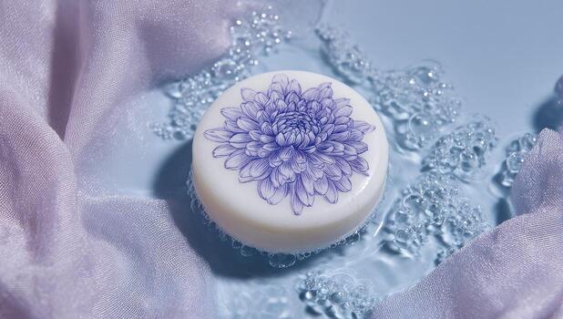 A soap with a purple flower on it photo