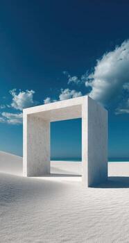 White cube in the desert with blue sky and clouds photo