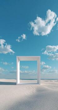 White box in the desert with blue sky and clouds photo