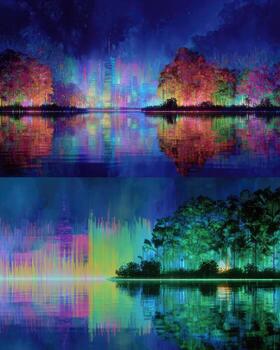 A series of images of a lake and trees photo