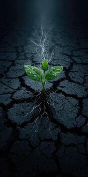 A plant sprouting from the ground with lightning photo