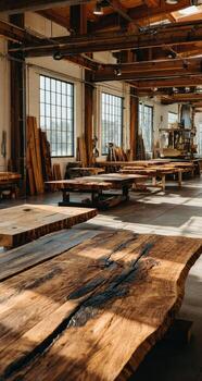 A large room with lots of wood tables photo