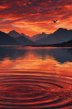 A red sky with a bird flying over a lake photo