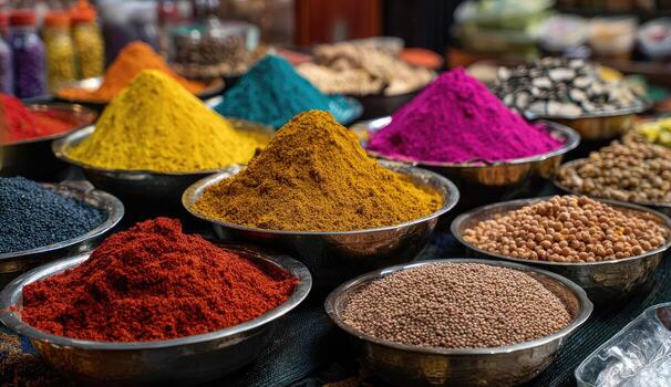 Many different types of spices are in bowls photo