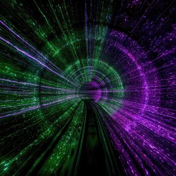 A green and purple tunnel with light trails photo