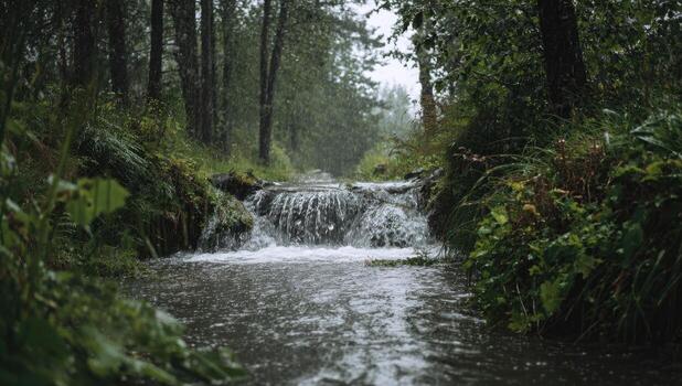 A stream running through a forest with trees photo