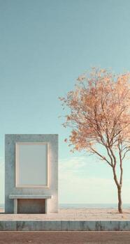 A blank billboard is sitting on a bench next to a tree photo