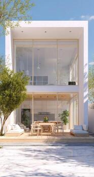 Modern house with large windows and a patio photo