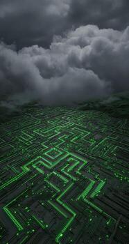 A green circuit board with a dark sky in the background photo