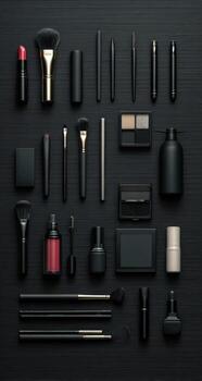 Various makeup products arranged on a black background photo