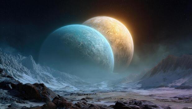 Two planets in the sky with mountains in the background photo