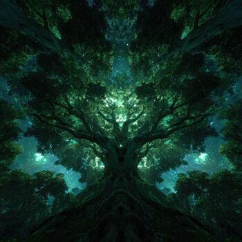 A tree in the middle of a forest with green lights photo