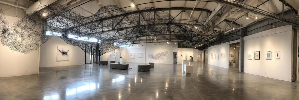 An art gallery with a large ceiling and lots of art photo