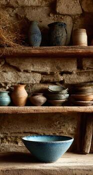 A shelf with a bowl and a bunch of other bowls photo