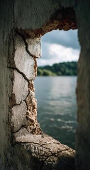 A window in an old building with a view of the water photo